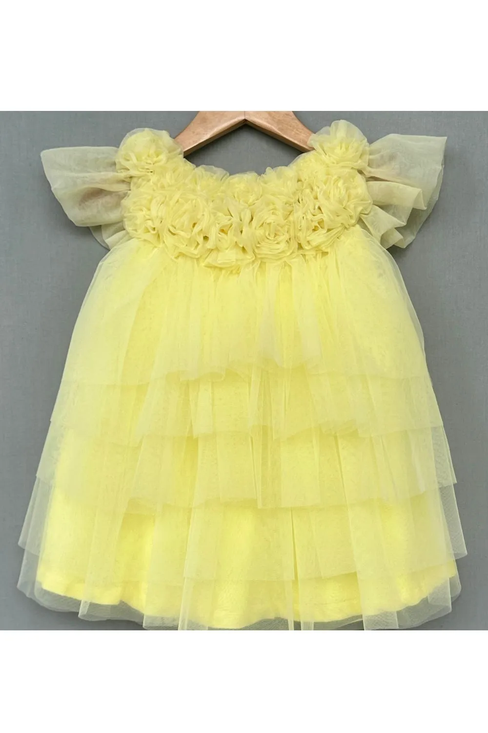 Lemon Yellow Sunshine Bloom Tulle Cape Sleeves Dress