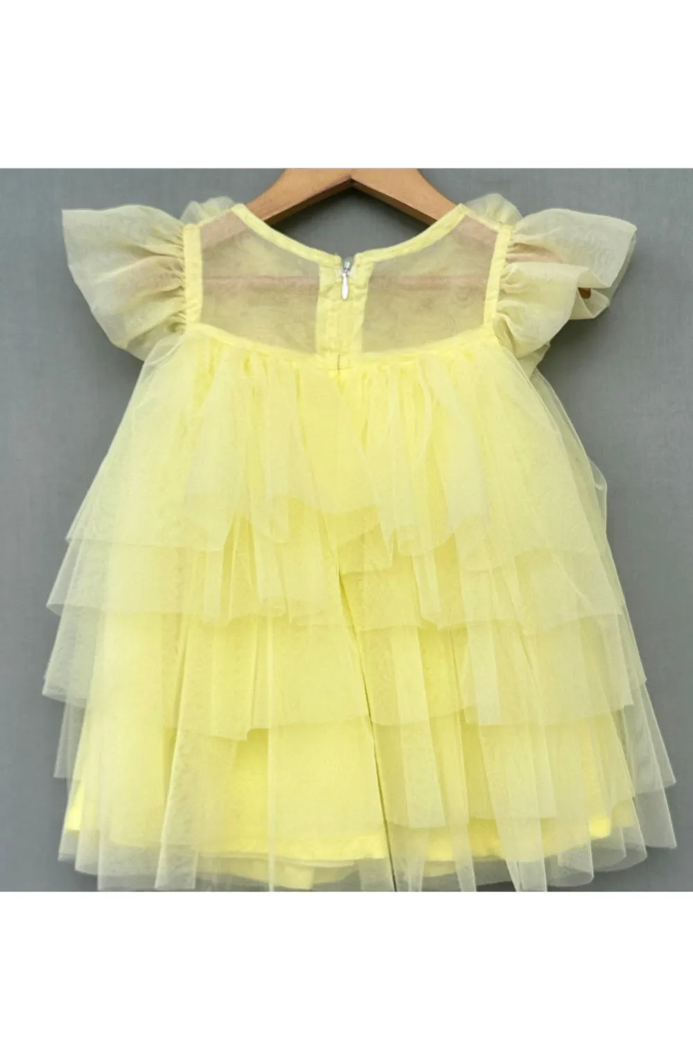 Lemon Yellow Sunshine Bloom Tulle Cape Sleeves Dress