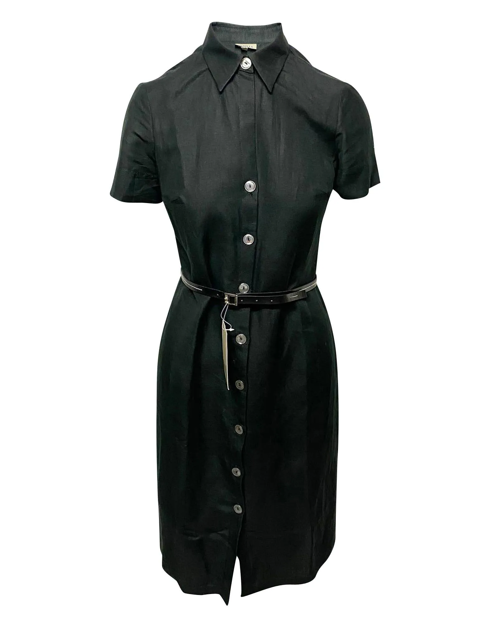 Loose Fit Black Linen Shirt Dress with Side Slits and Belt