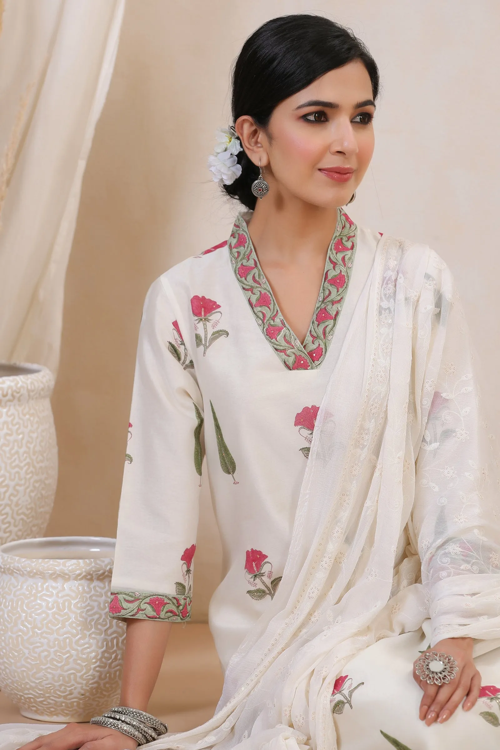 Maheen Miasarah Chiffon Embroidered Off White Dupatta