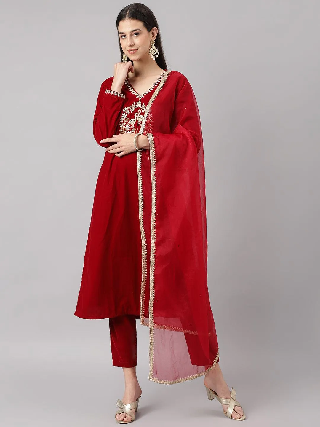 Maroon Solid Velvet Hand Work Kurta Pant With Organza Dupatta Set