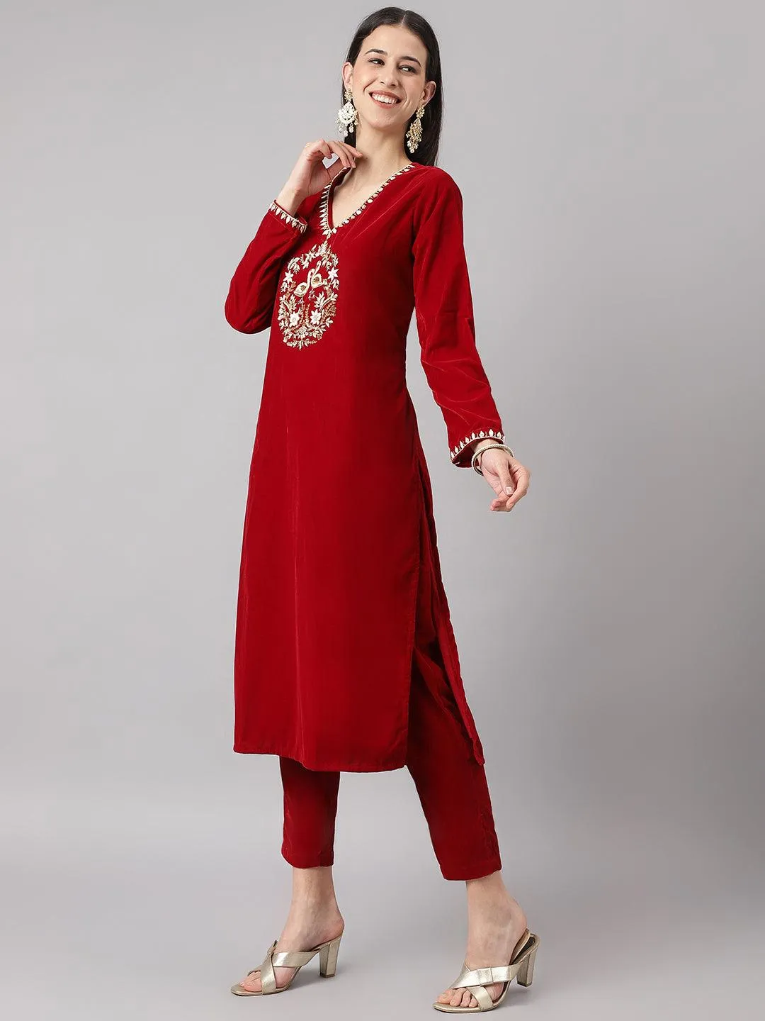 Maroon Solid Velvet Hand Work Kurta Pant With Organza Dupatta Set