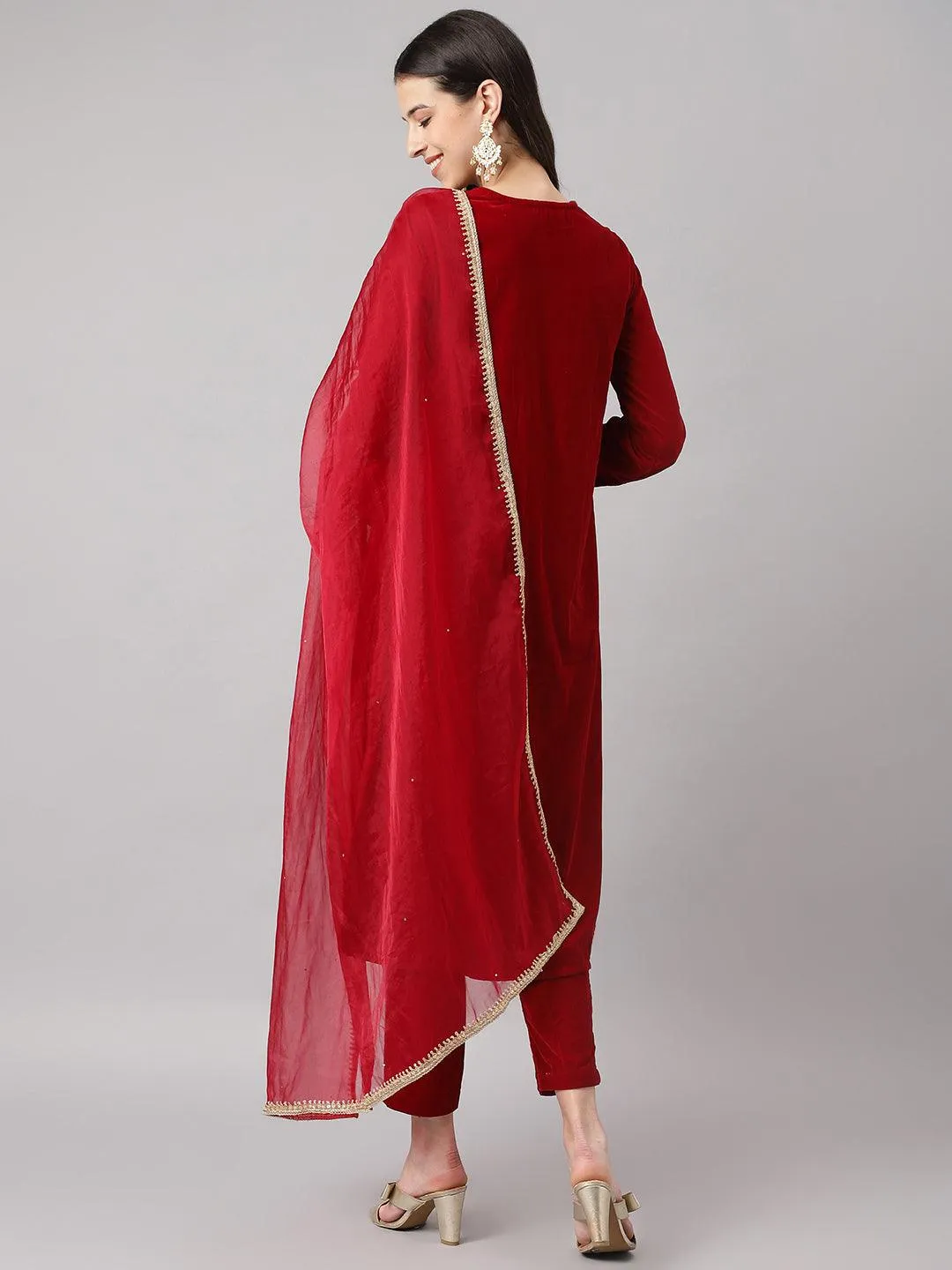 Maroon Solid Velvet Hand Work Kurta Pant With Organza Dupatta Set