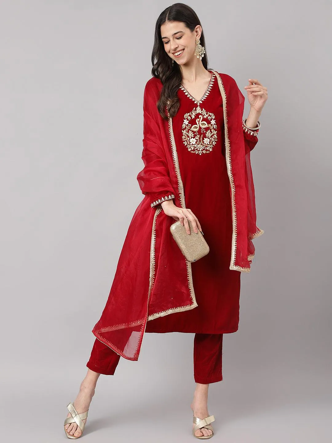 Maroon Solid Velvet Hand Work Kurta Pant With Organza Dupatta Set