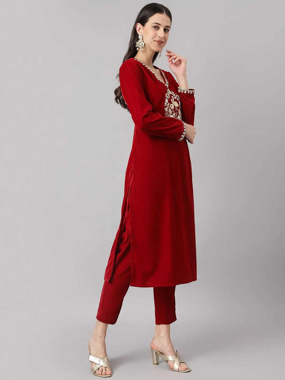 Maroon Solid Velvet Hand Work Kurta Pant With Organza Dupatta Set