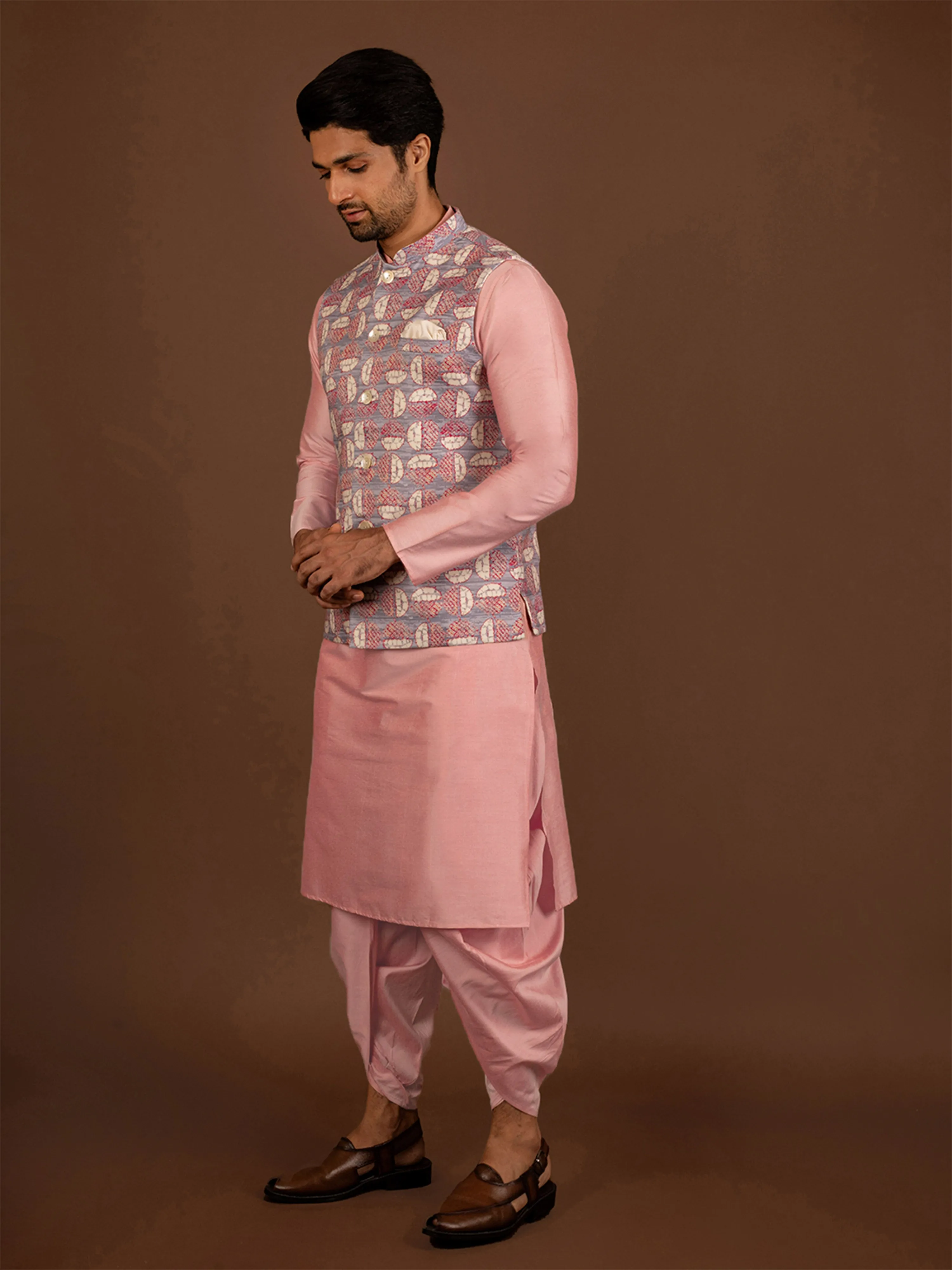 Men Pink Kurta Jacket Dhoti Pant Set