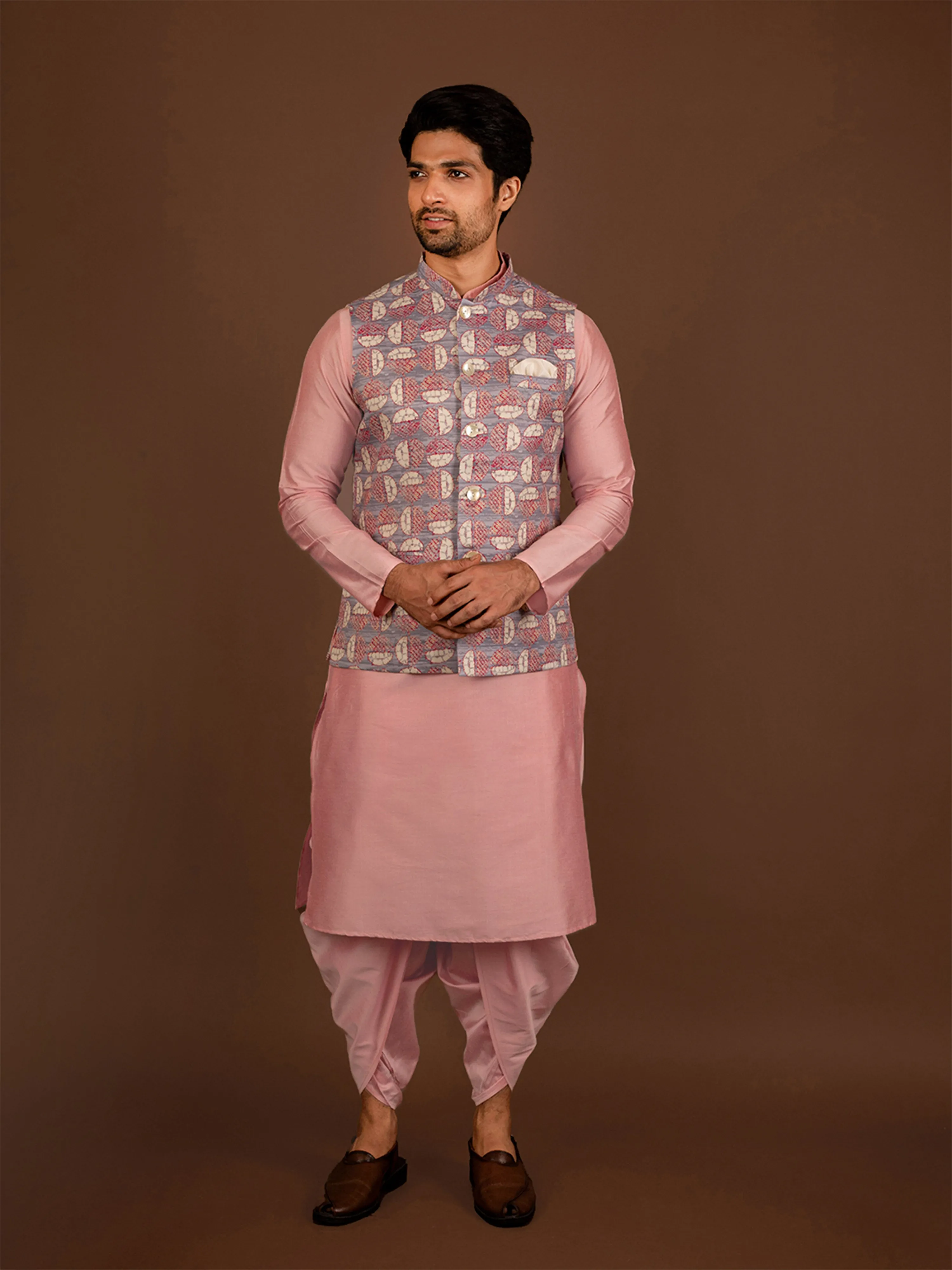 Men Pink Kurta Jacket Dhoti Pant Set