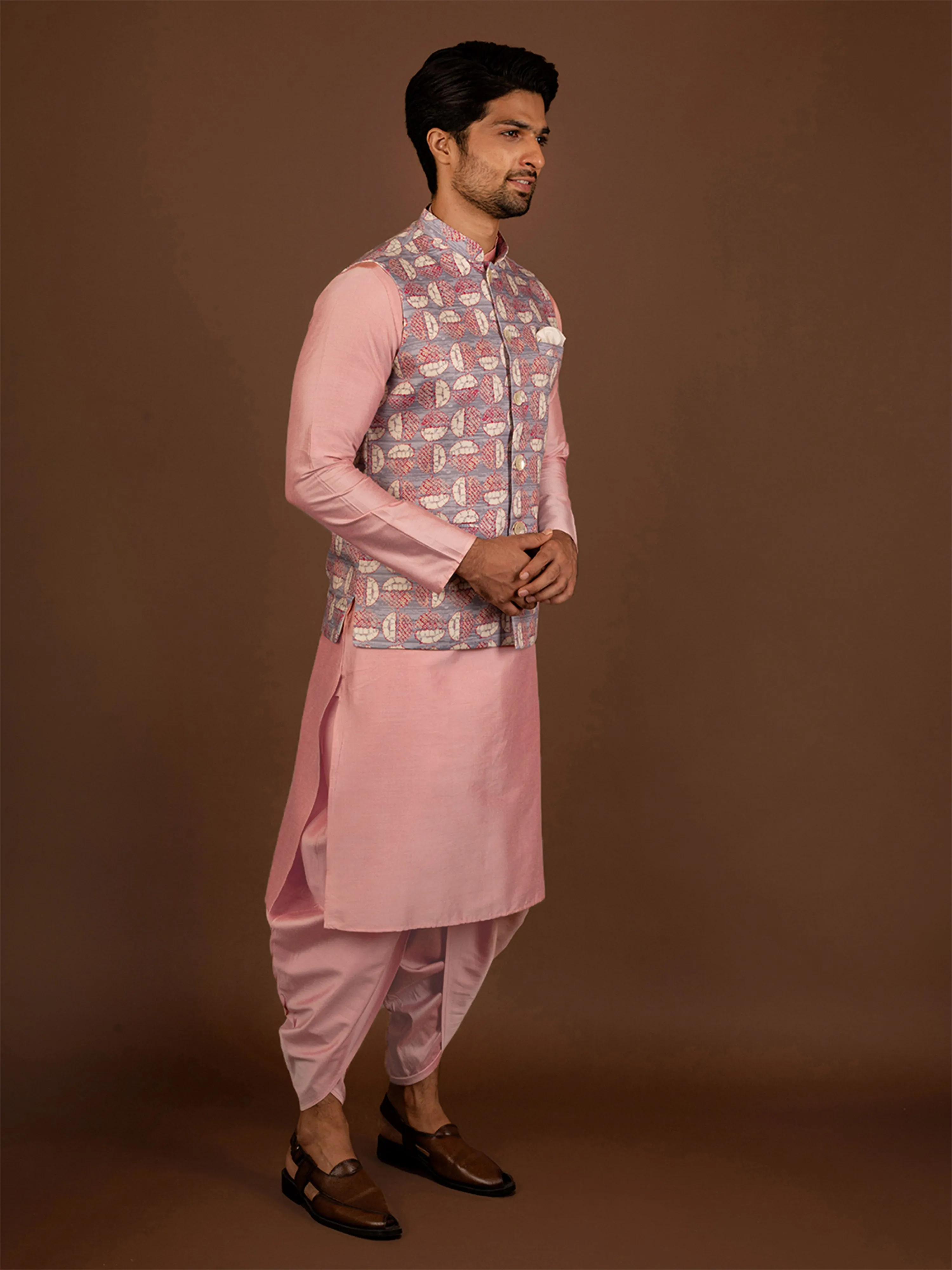 Men Pink Kurta Jacket Dhoti Pant Set