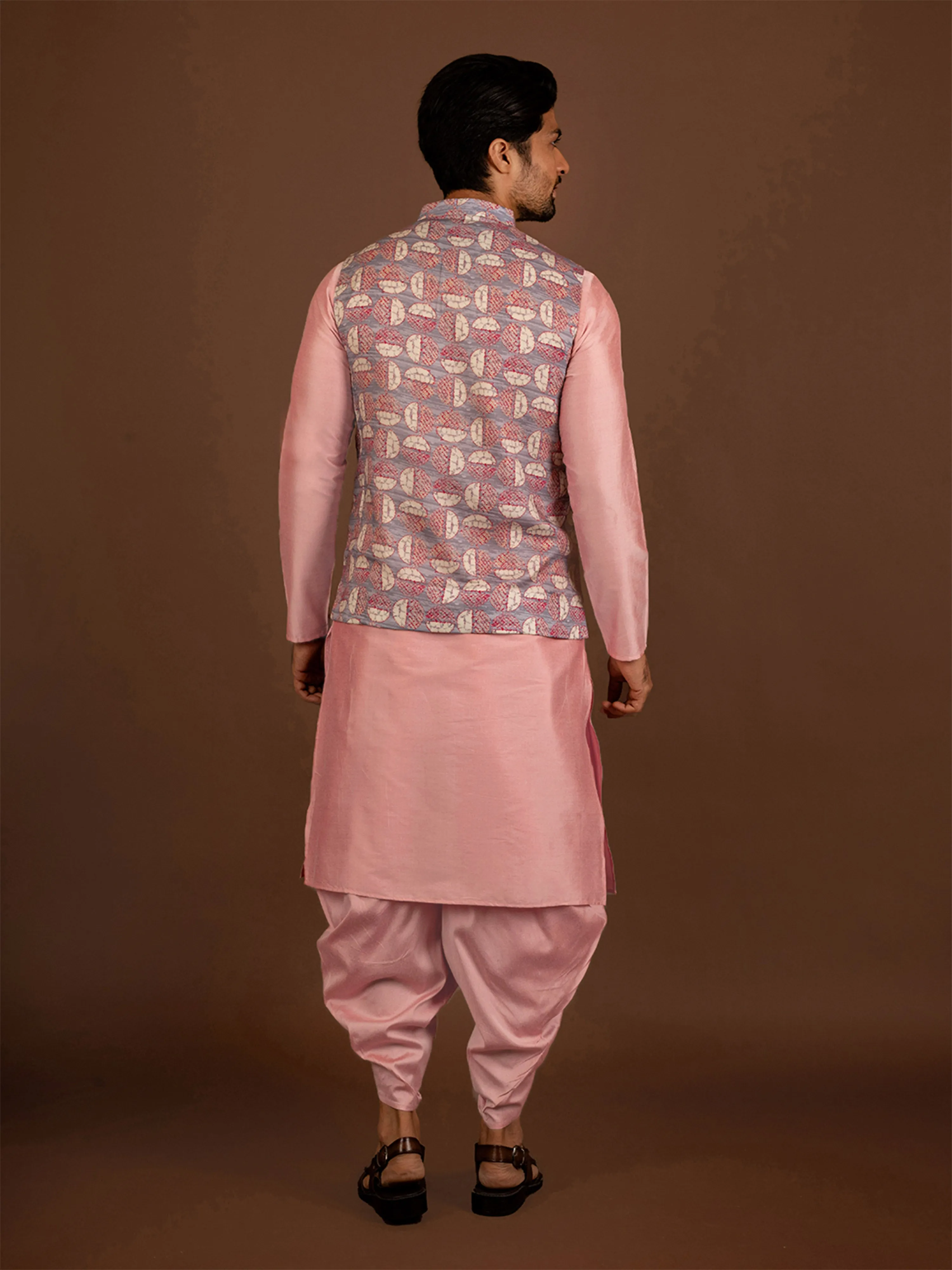 Men Pink Kurta Jacket Dhoti Pant Set