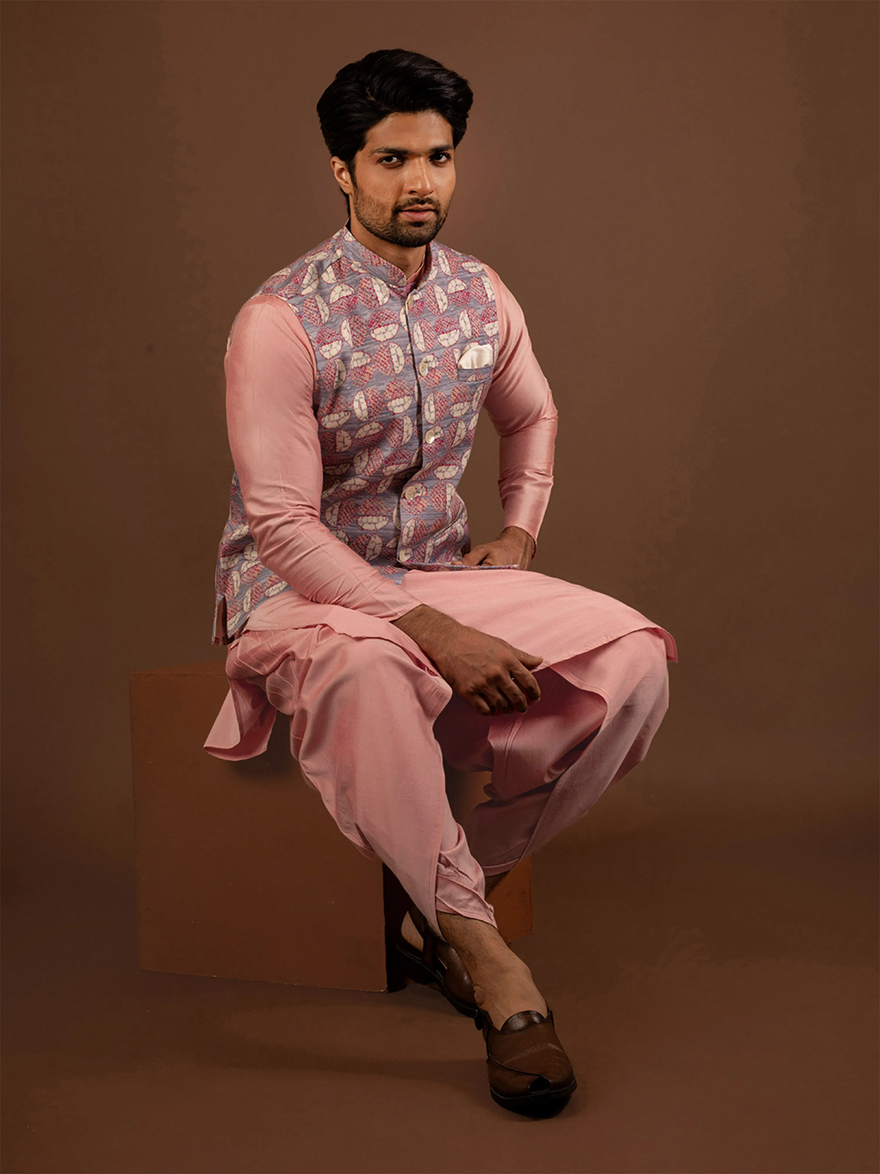 Men Pink Kurta Jacket Dhoti Pant Set