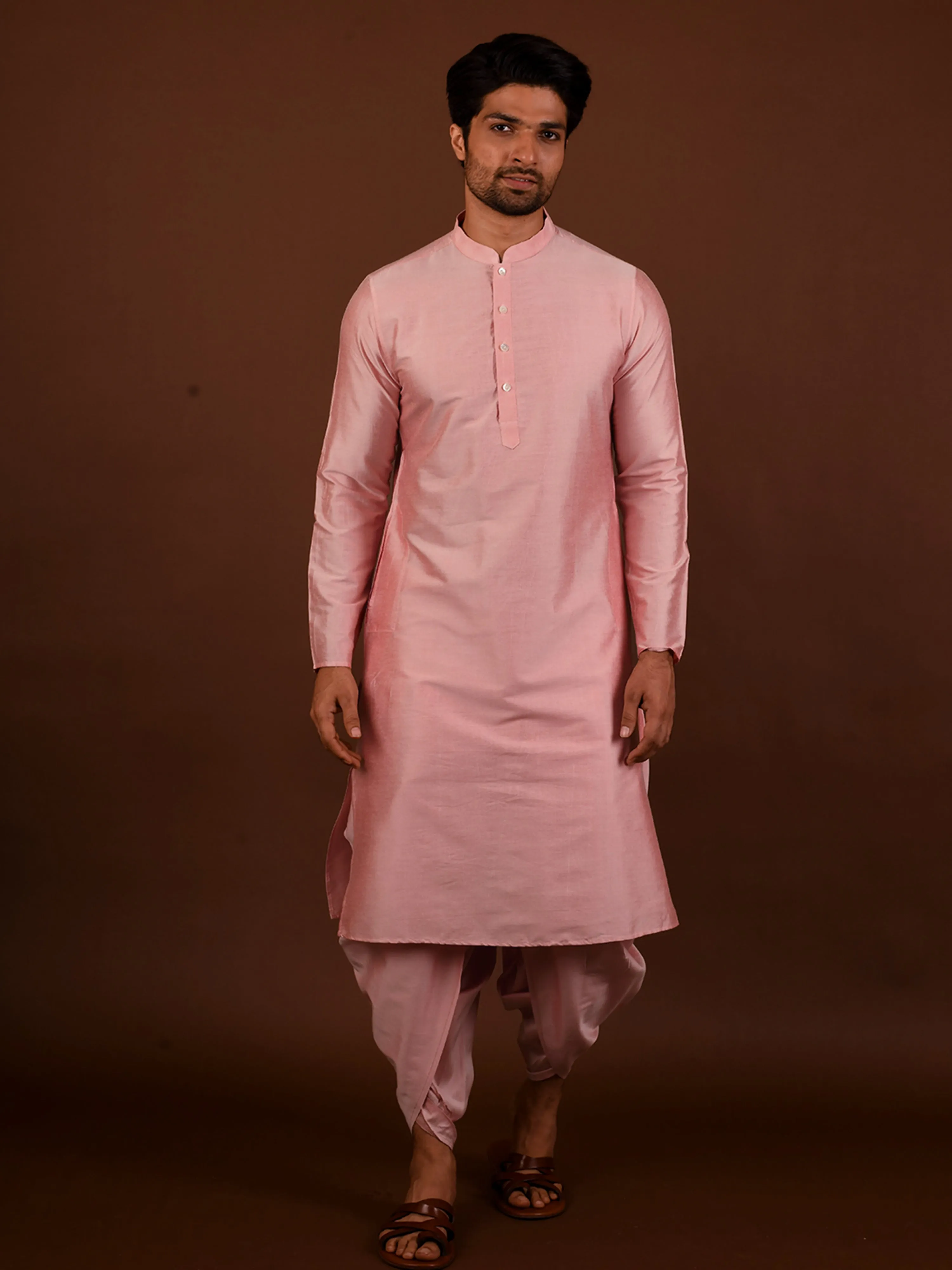 Men Pink Kurta Jacket Dhoti Pant Set