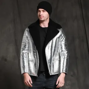 Men's Aircraft Pilot Shiny Sheepskin Shearling Silver Leather Jacket