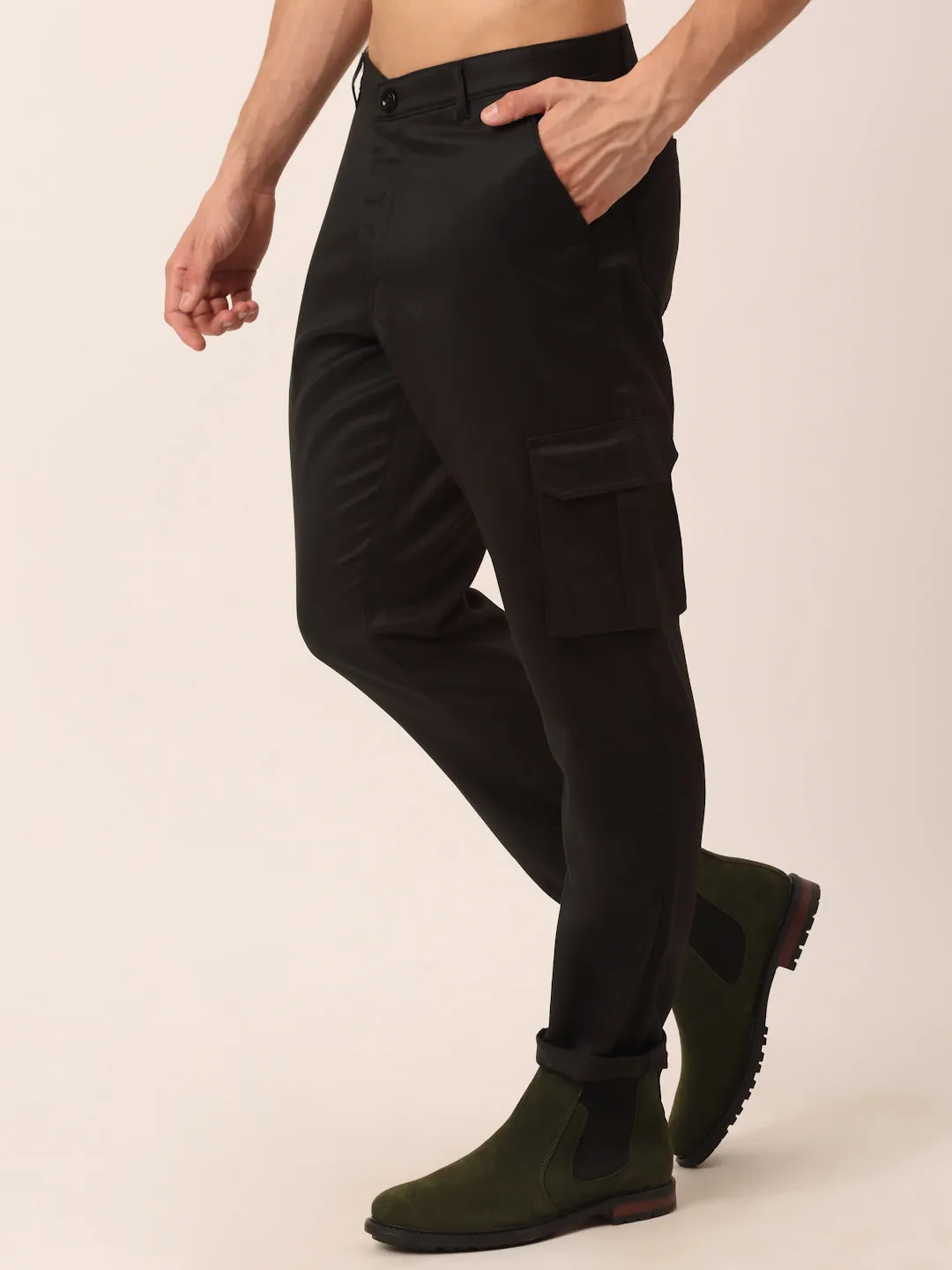 Men's Casual Cotton Solid Cargo Pants ( KGP 154 Black ) - Jainish