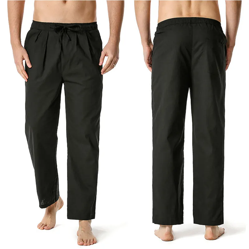 Mens Cotton Casual Loose Long Pants with Drawstring