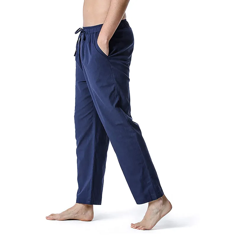 Mens Cotton Casual Loose Long Pants with Drawstring