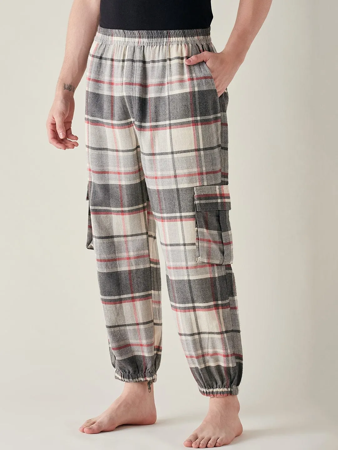 Mens Grey Brushed Cotton Plaid Joggers