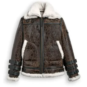 Mens Triple Belted Cuffs Shearling Leather Jacket