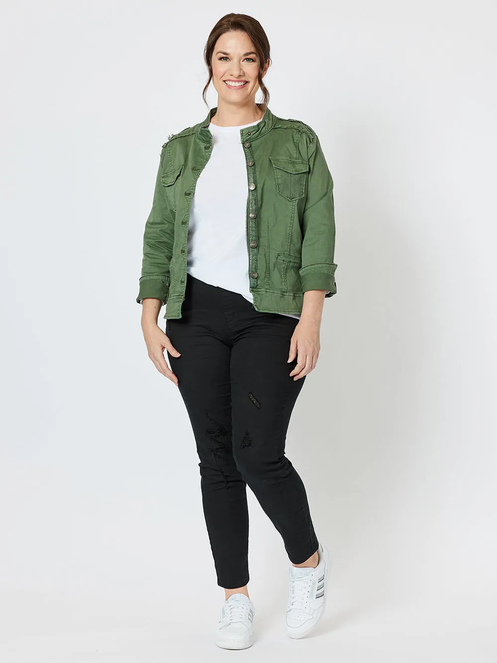 Military Style Denim Jacket - Khaki