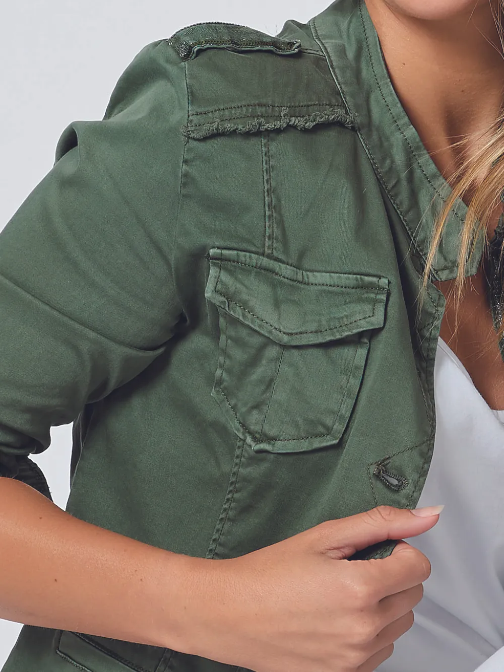 Military Style Denim Jacket - Khaki