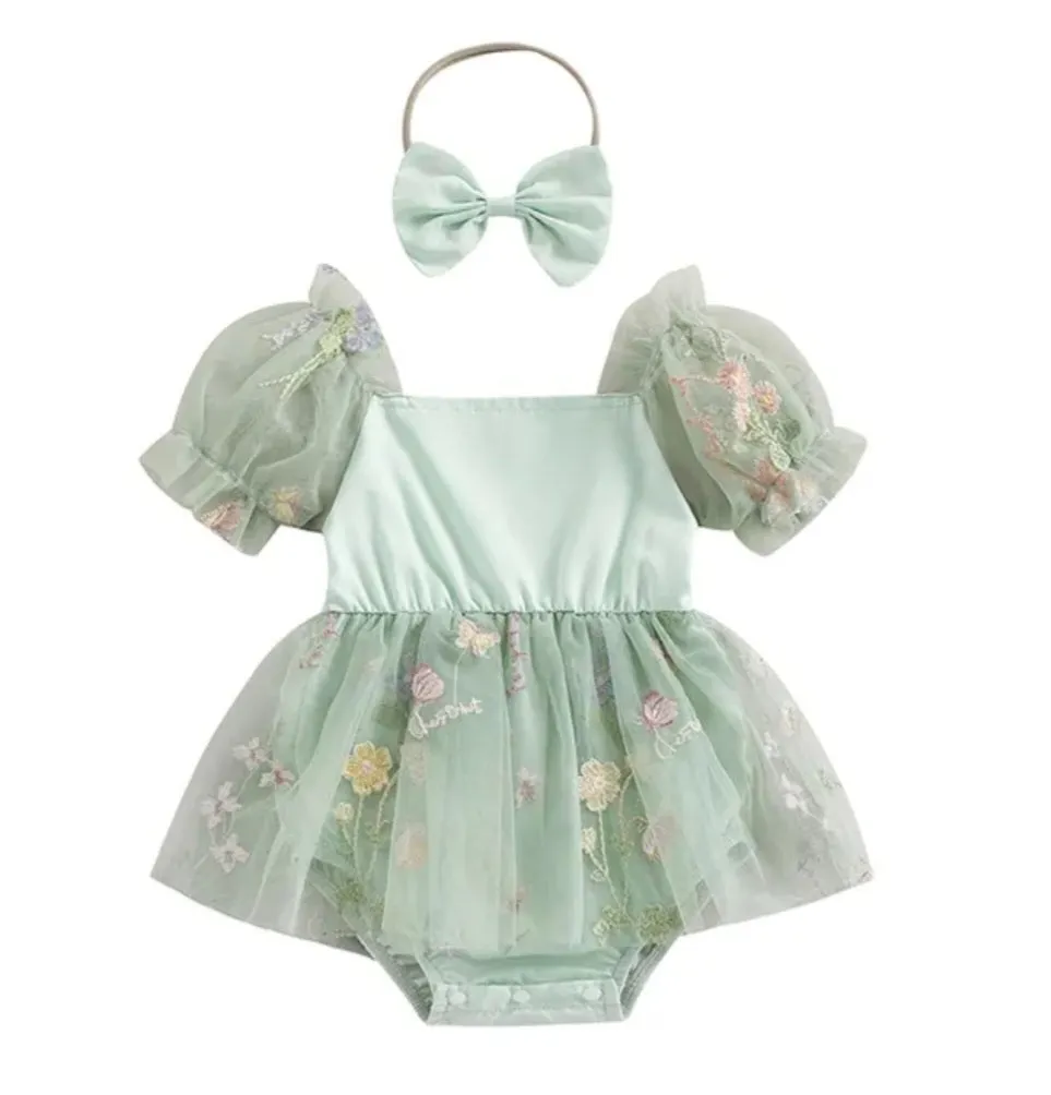 Mint Romper with Embroidered Tulle Tutu, Puff Sholders and Headband #1001176