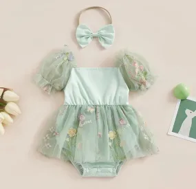 Mint Romper with Embroidered Tulle Tutu, Puff Sholders and Headband #1001176