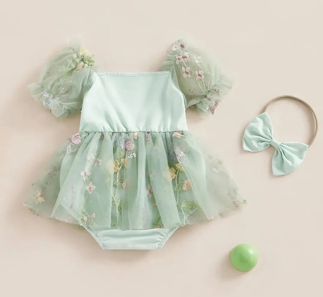 Mint Romper with Embroidered Tulle Tutu, Puff Sholders and Headband #1001176