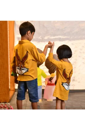 Mustard Yellow Thread Embroidered Bunny Linen Shirt