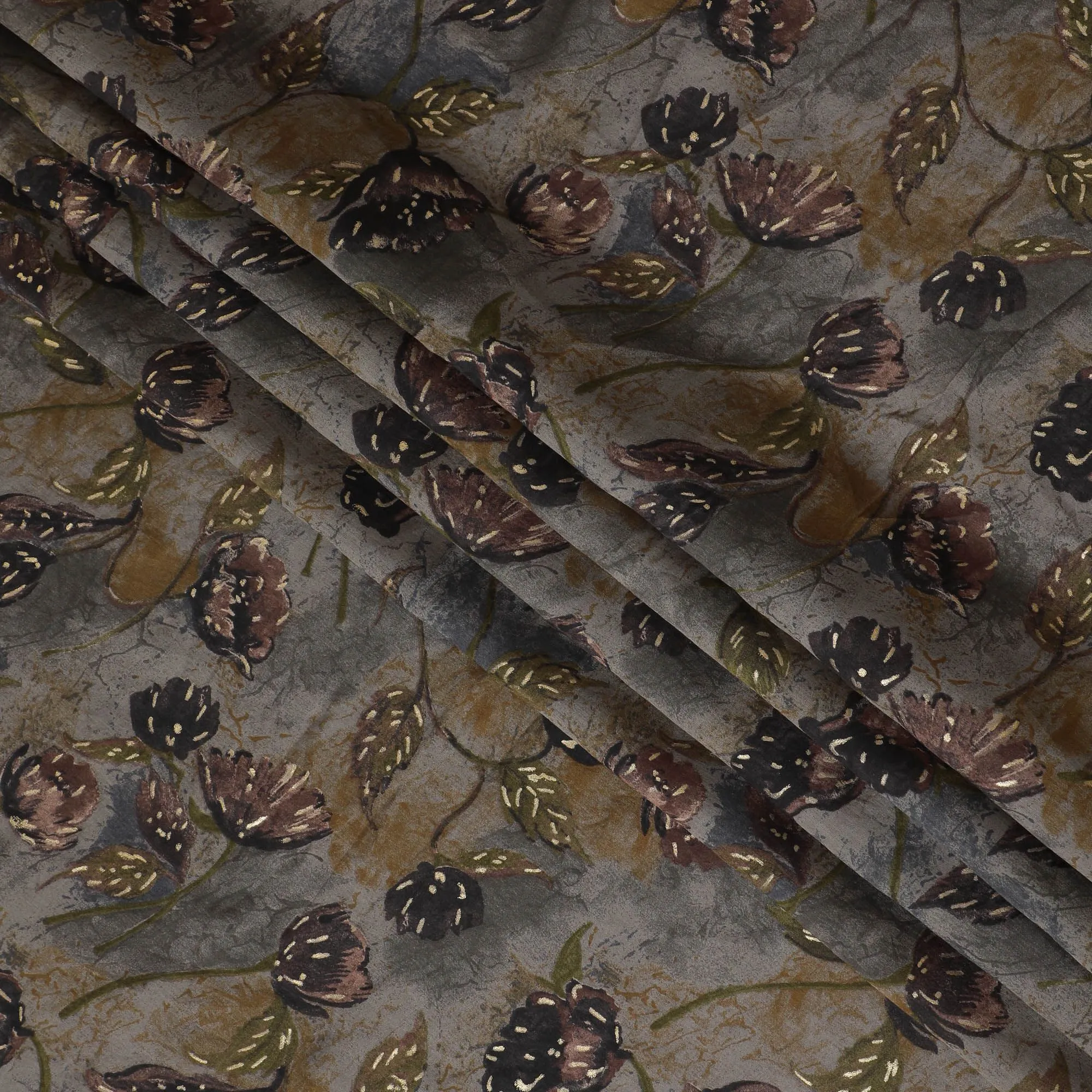 Mystic Charcoal Floral Blended Viscose Fabric - Opulent Print, 110cm Wide, Purchase Online-D18010