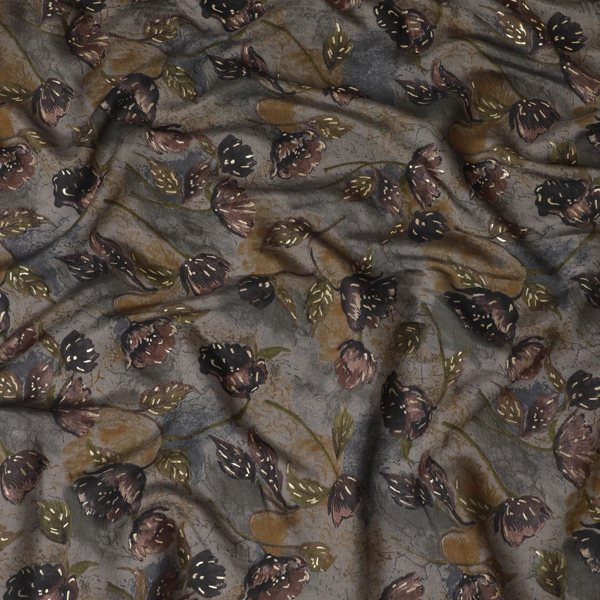 Mystic Charcoal Floral Blended Viscose Fabric - Opulent Print, 110cm Wide, Purchase Online-D18010