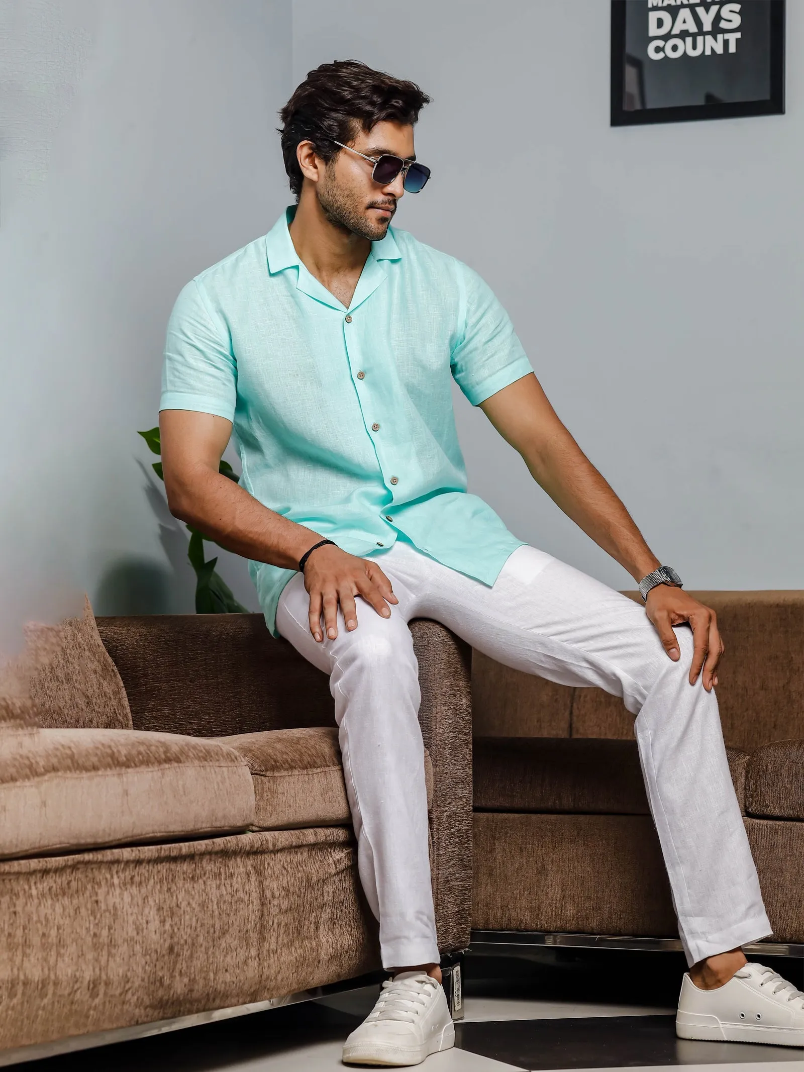 Nathan - Cuban Collar Pure Linen Half Sleeve Shirt - Cyan Blue