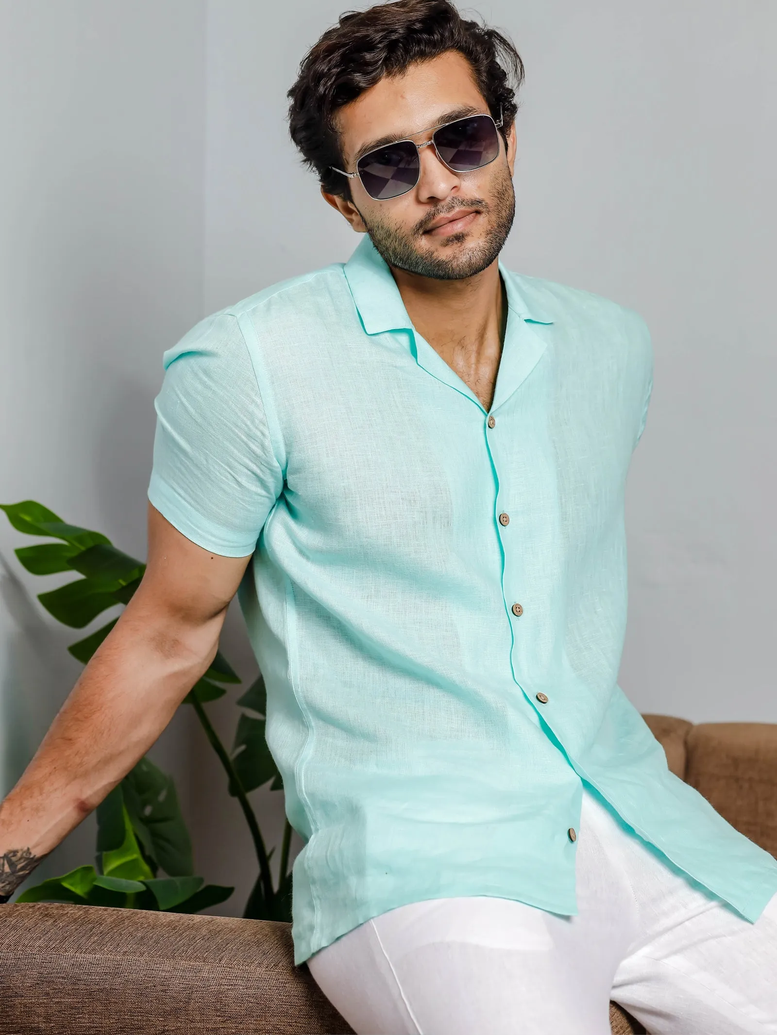 Nathan - Cuban Collar Pure Linen Half Sleeve Shirt - Cyan Blue