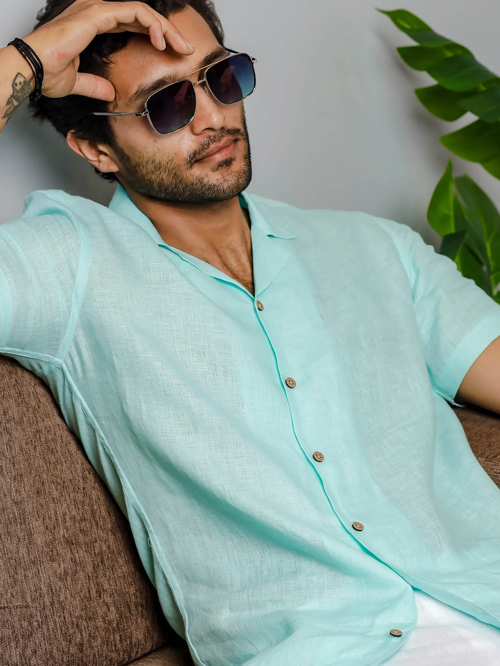 Nathan - Cuban Collar Pure Linen Half Sleeve Shirt - Cyan Blue