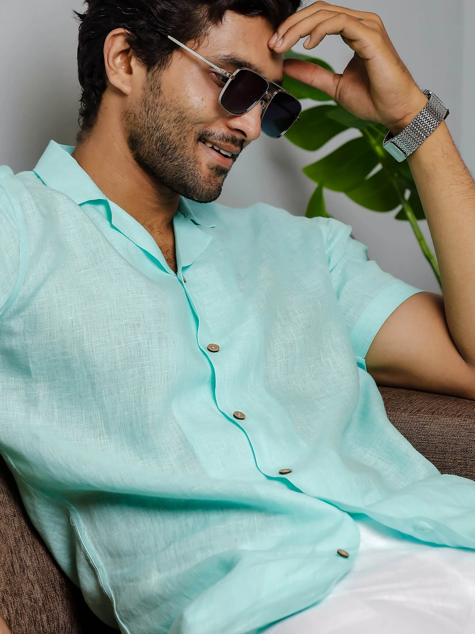 Nathan - Cuban Collar Pure Linen Half Sleeve Shirt - Cyan Blue