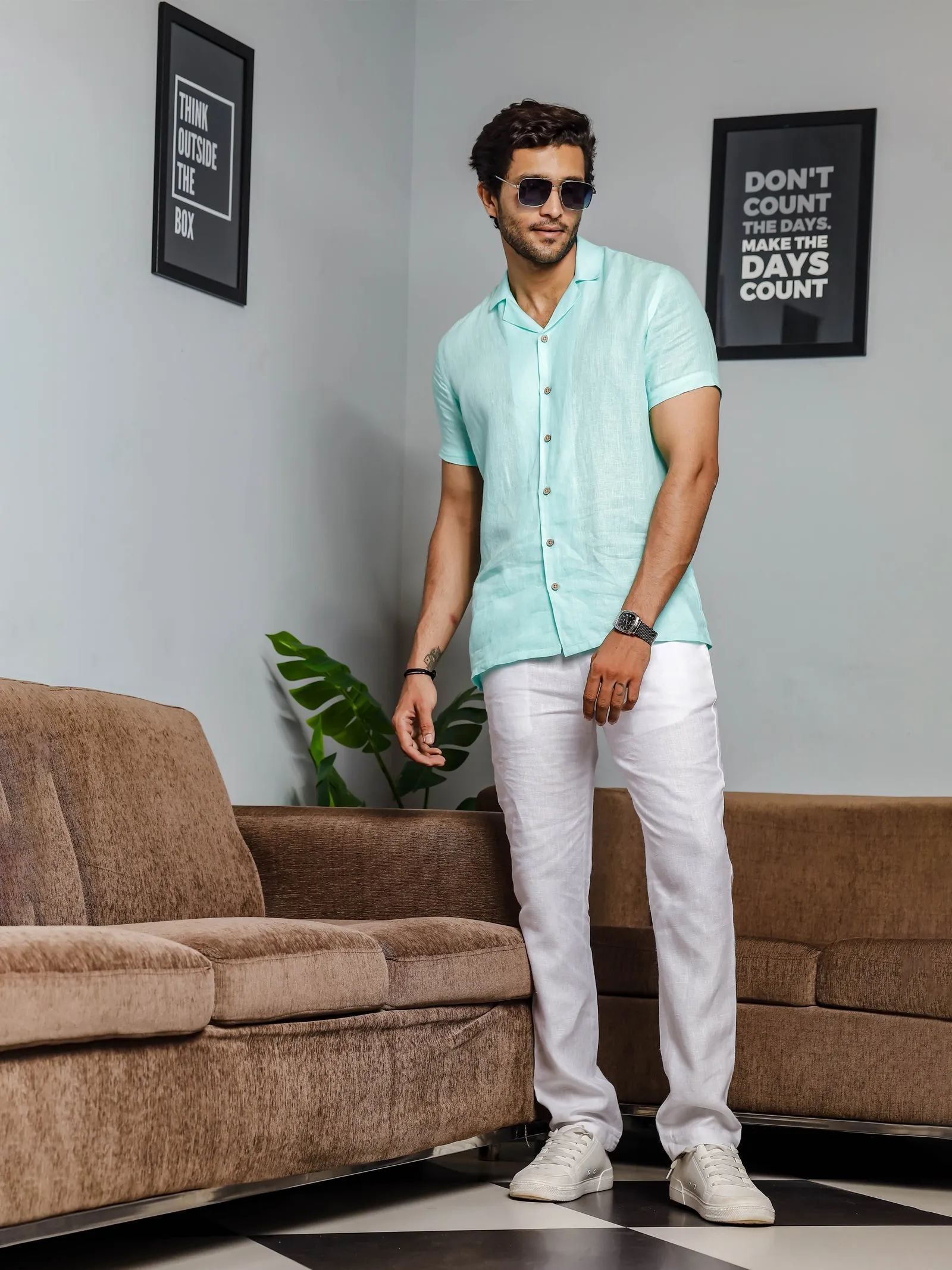 Nathan - Cuban Collar Pure Linen Half Sleeve Shirt - Cyan Blue