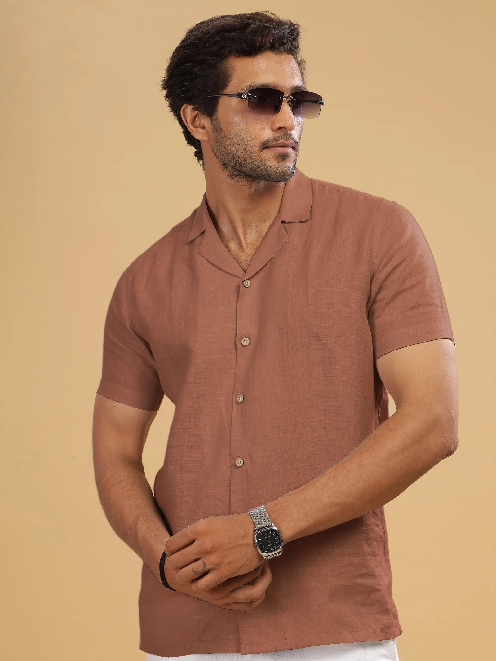 Nathan - Cuban Collar Pure Linen Half Sleeve Shirt -Fondue Pink