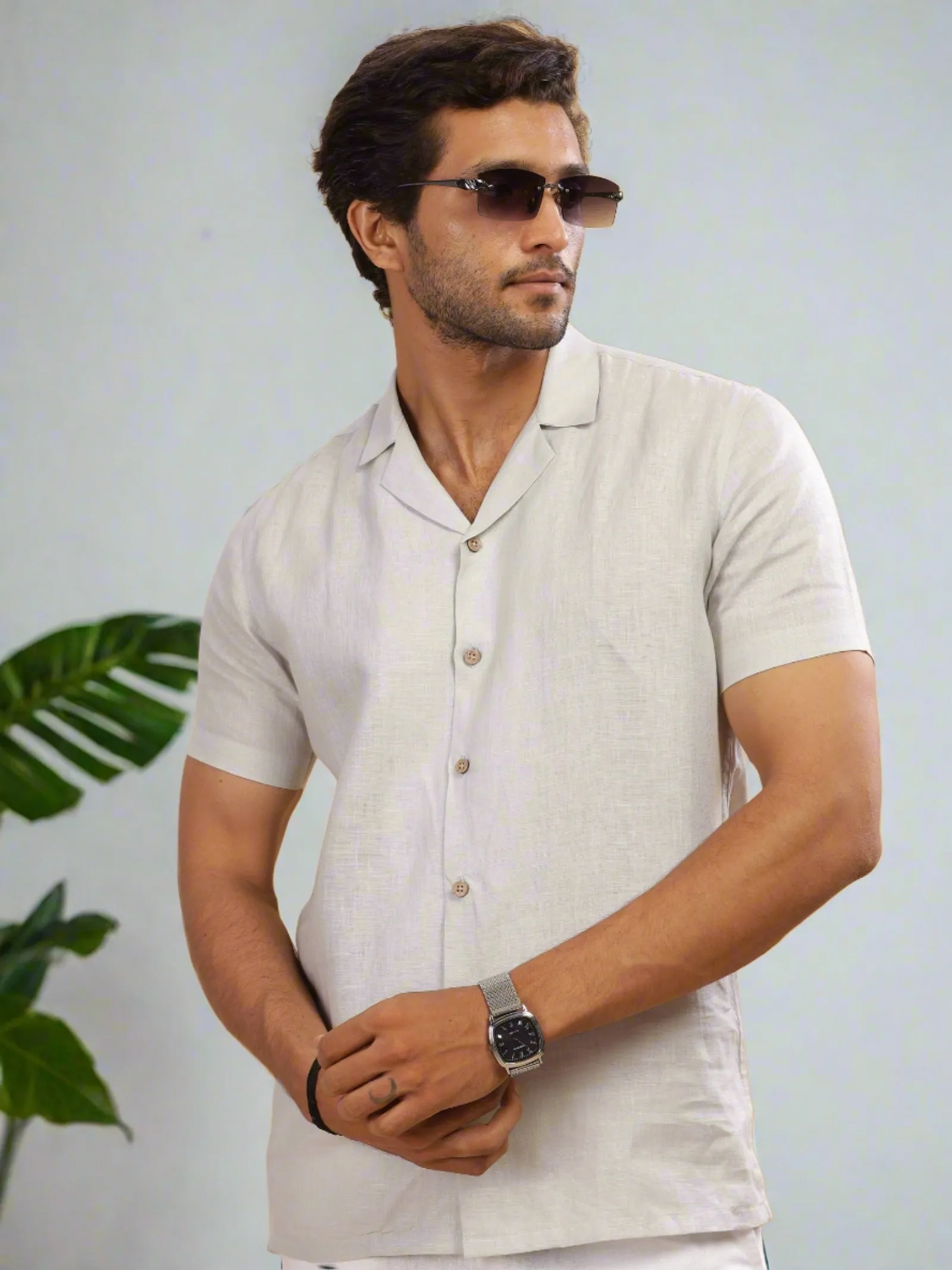 Nathan - Cuban Collar Pure Linen Half Sleeve Shirt - Light Grey