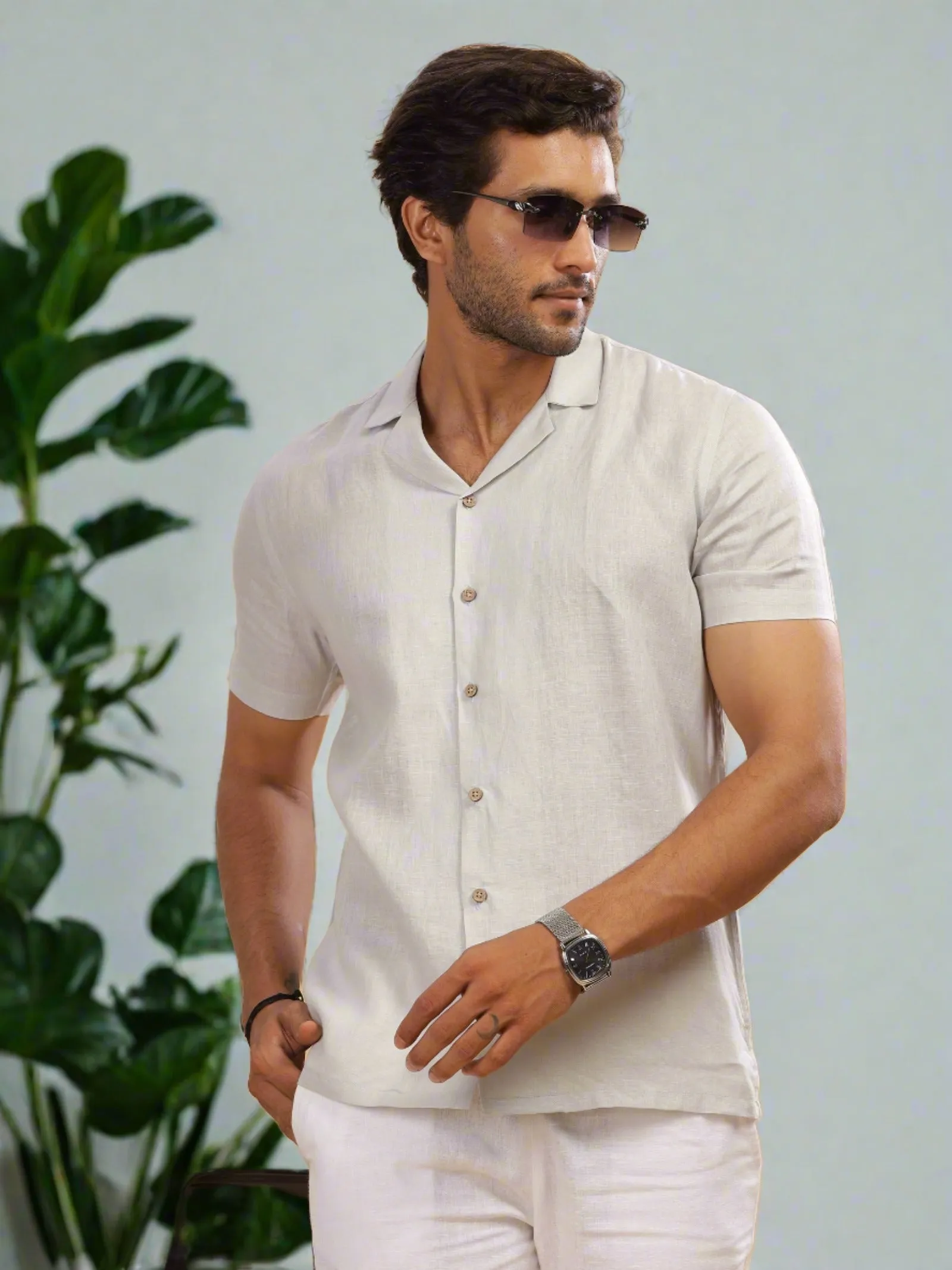 Nathan - Cuban Collar Pure Linen Half Sleeve Shirt - Light Grey