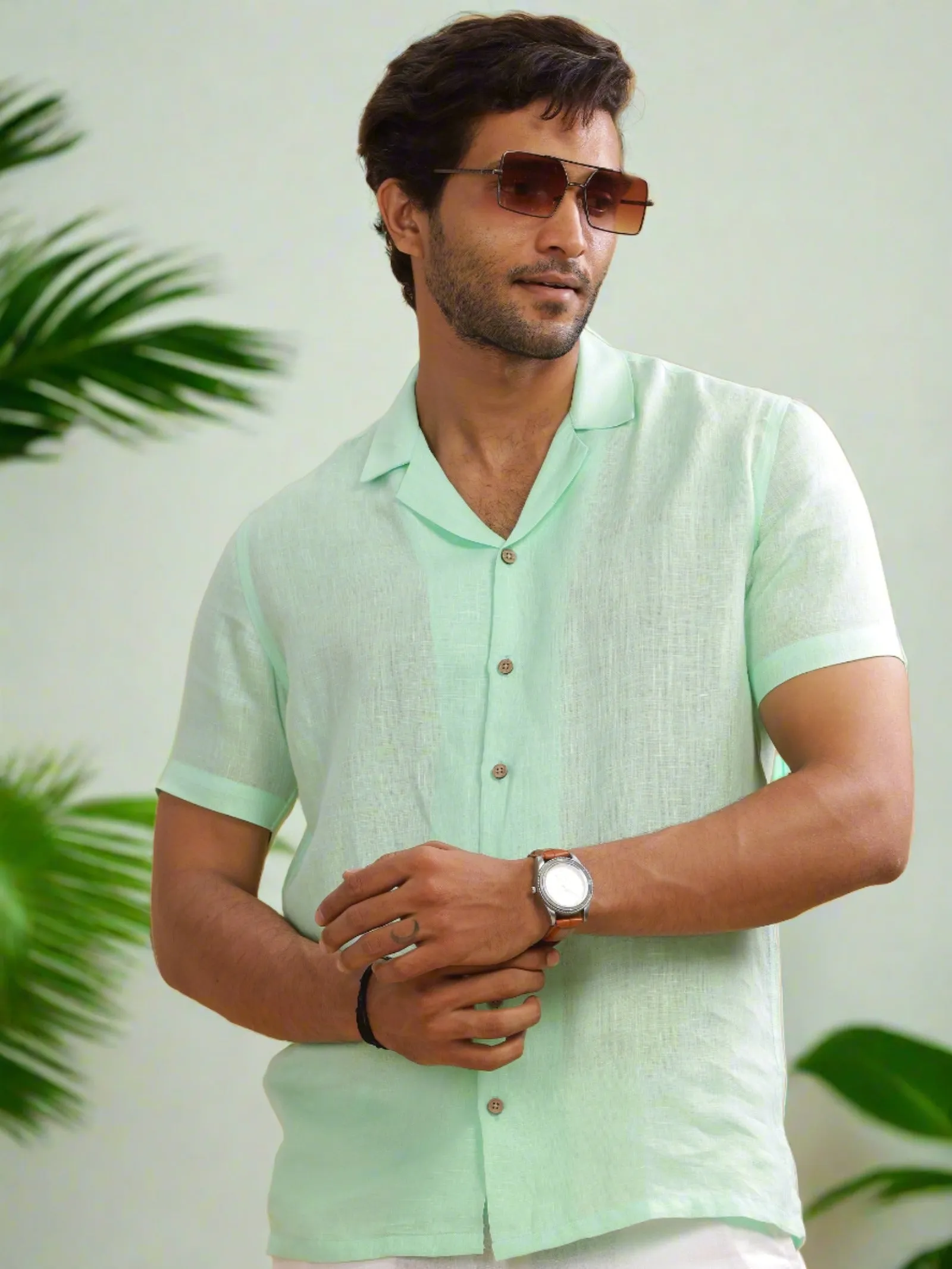 Nathan - Cuban Collar Pure Linen Half Sleeve Shirt - Mint Green