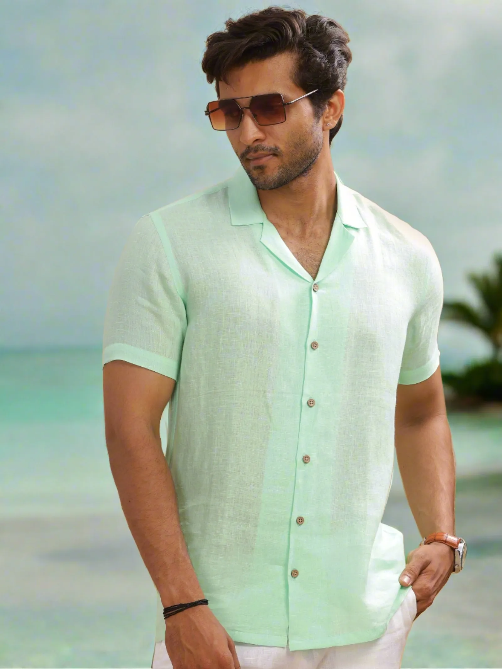 Nathan - Cuban Collar Pure Linen Half Sleeve Shirt - Mint Green