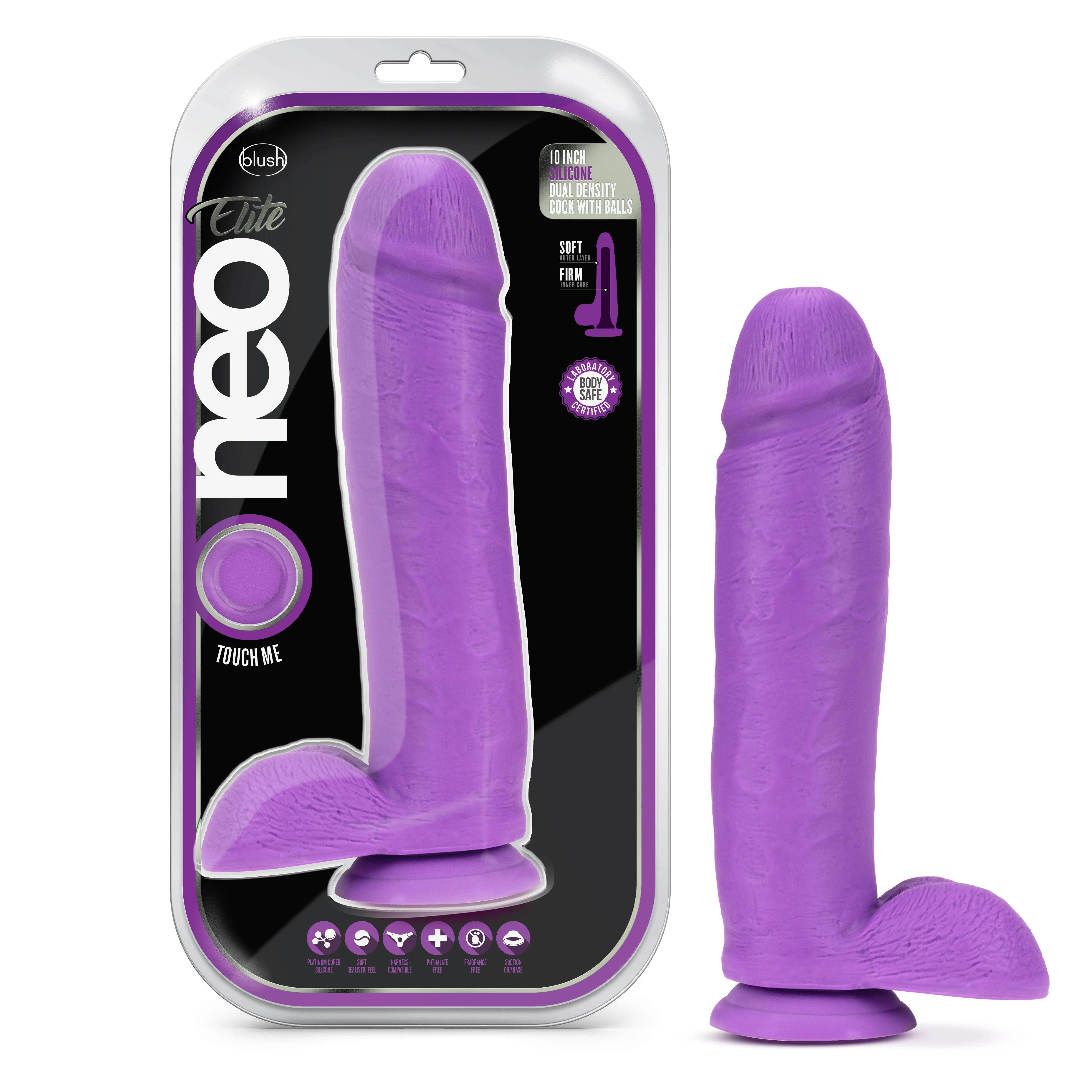 Neo Elite - 10 Inch Silicone Dual Density Cock  With Balls - Neon Purple