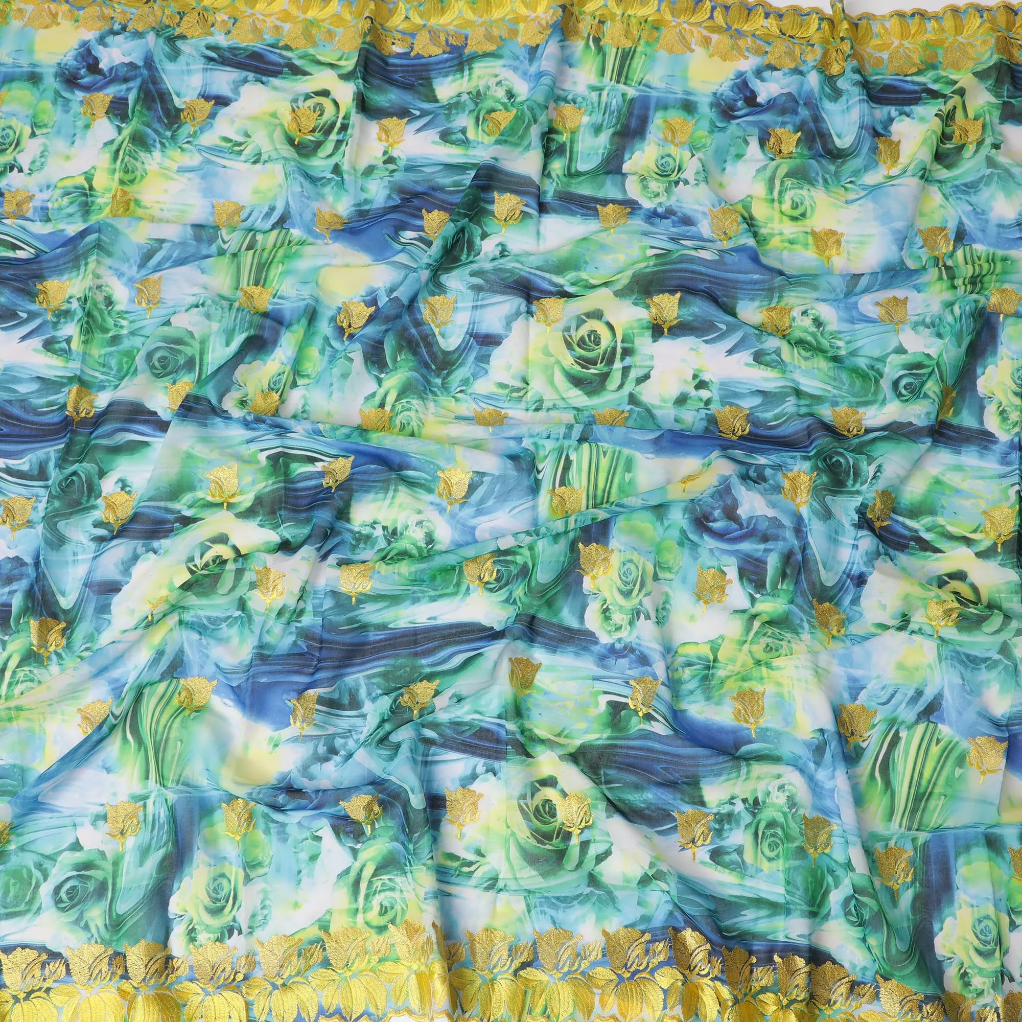 Oceanic Garden Embroidered Swiss Cotton Voile for Sudanese Thobe - 140cm x 4.5 Mtrs piece-D18603