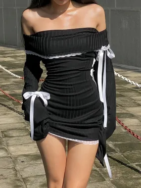 Off-Shoulder Black Ribbed Dress