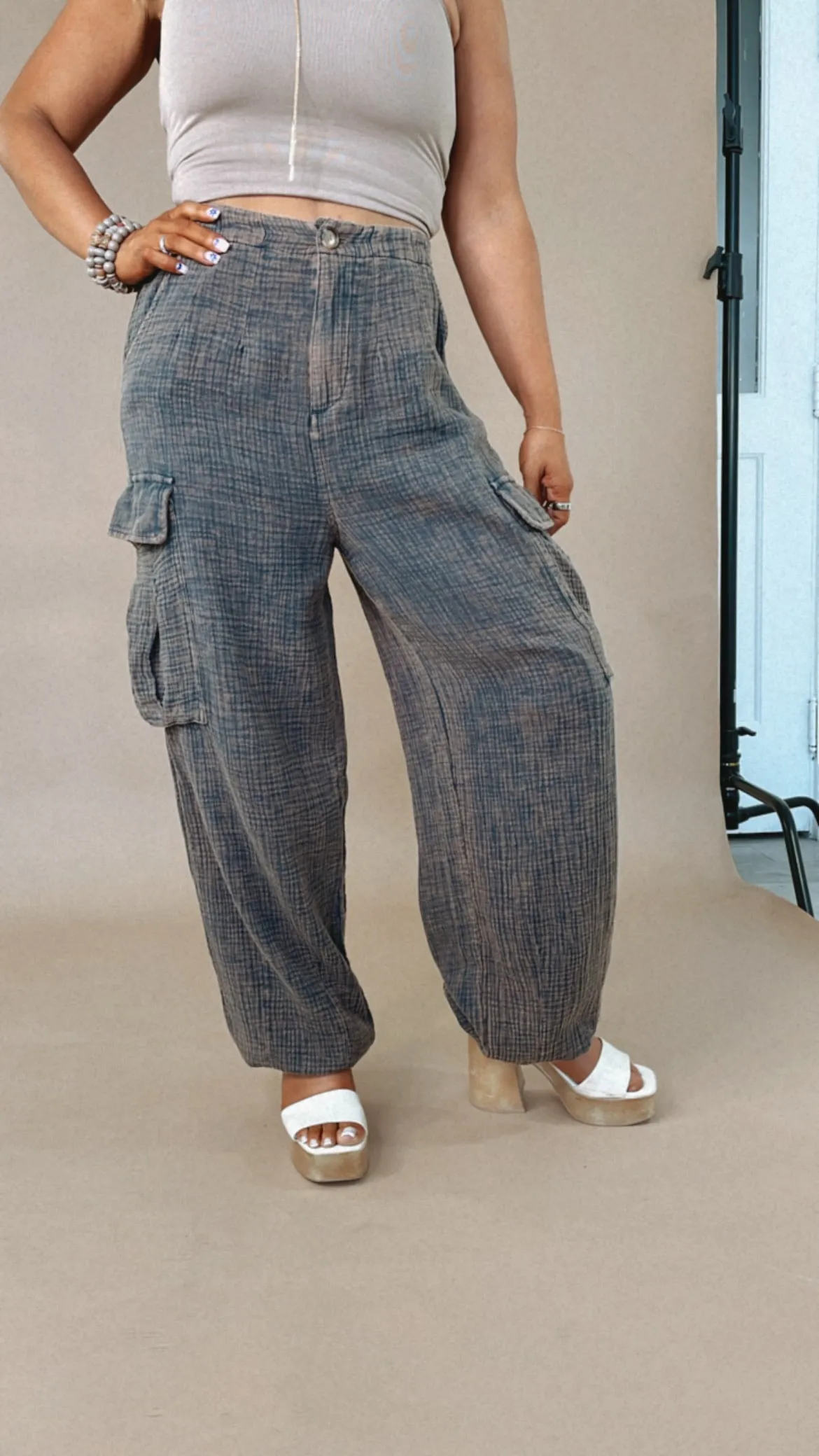 Oli & Hali: Washed Baggy Boyfriend Cargo Pants, Charcoal