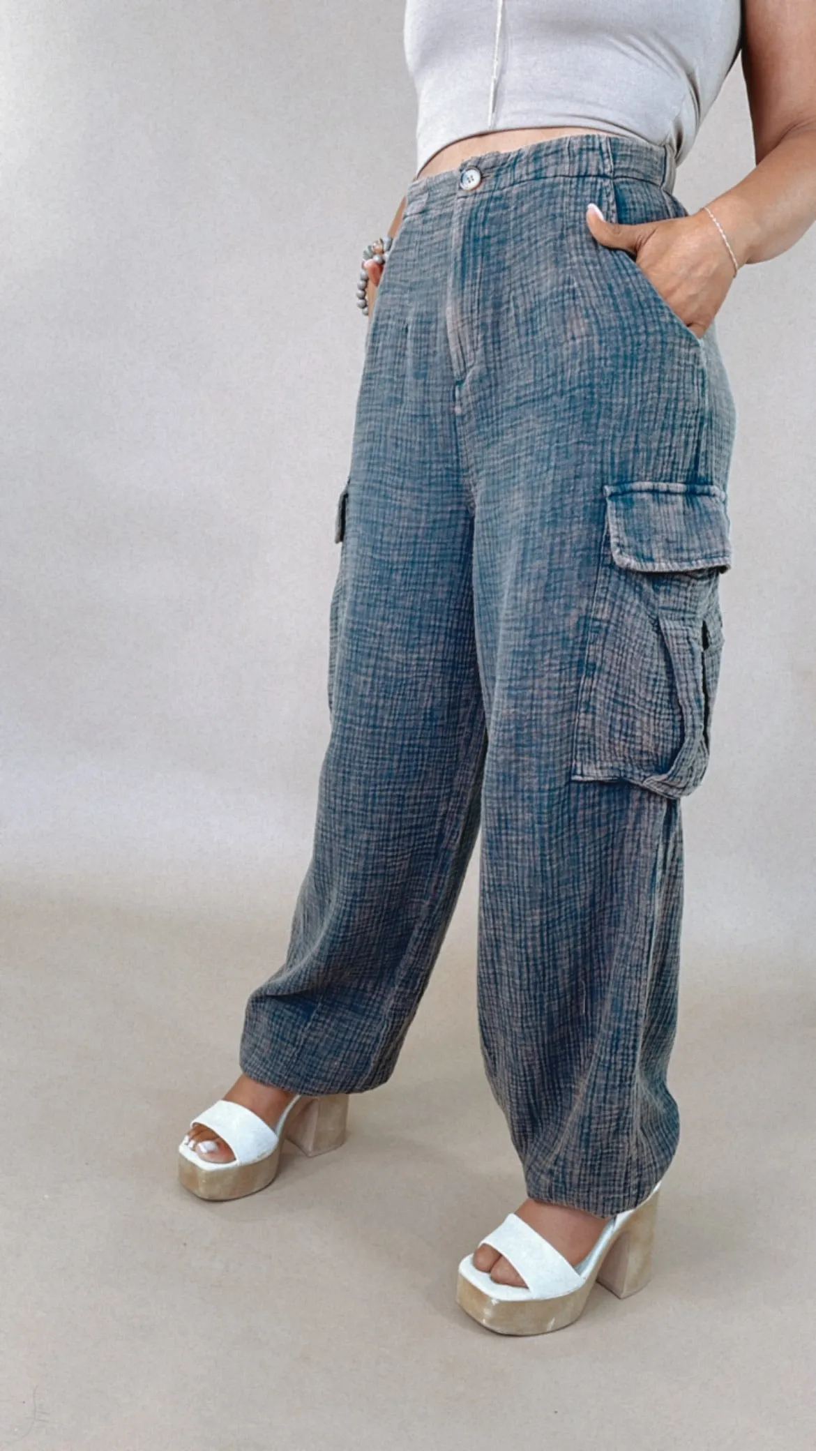 Oli & Hali: Washed Baggy Boyfriend Cargo Pants, Charcoal