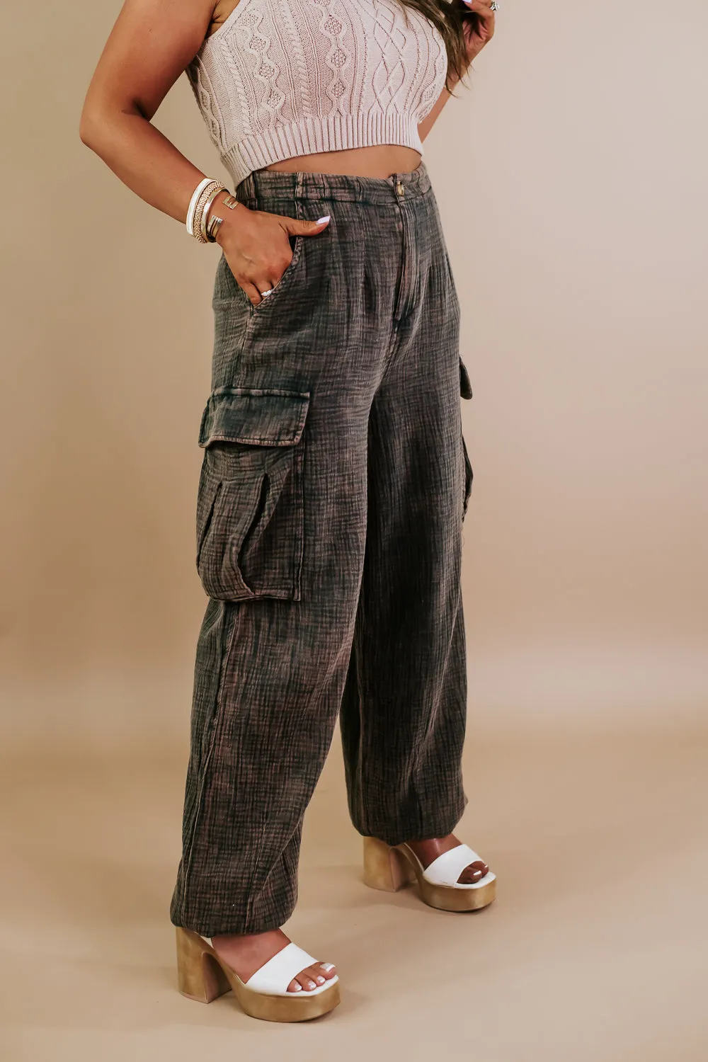 Oli & Hali: Washed Baggy Boyfriend Cargo Pants, Charcoal