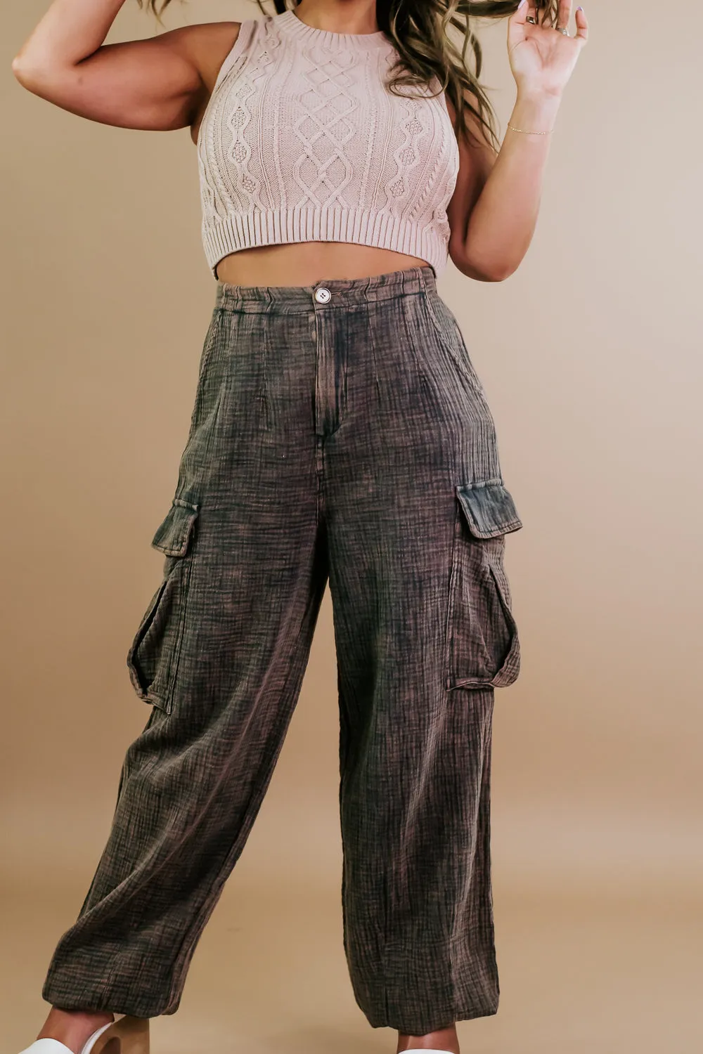 Oli & Hali: Washed Baggy Boyfriend Cargo Pants, Charcoal