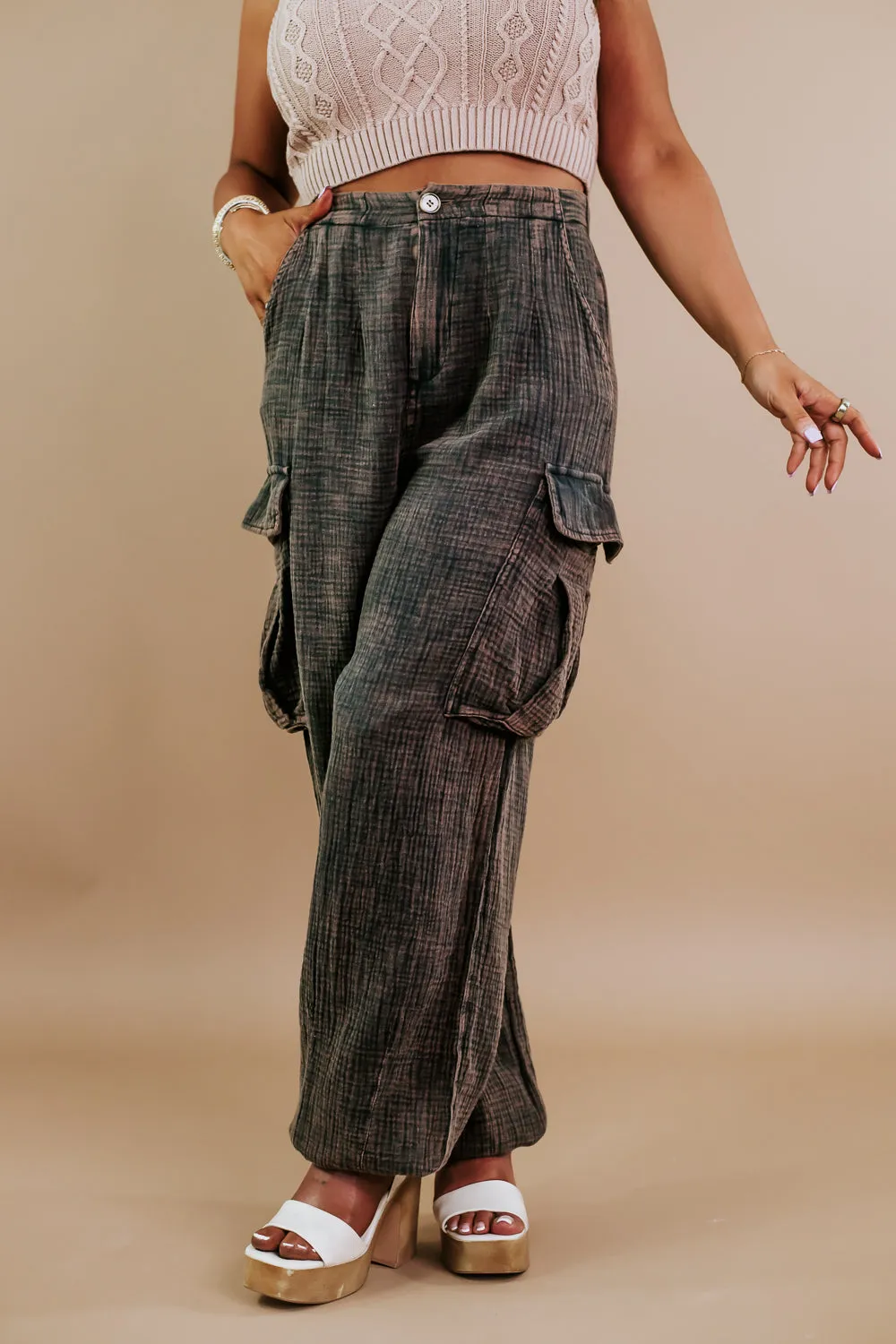 Oli & Hali: Washed Baggy Boyfriend Cargo Pants, Charcoal