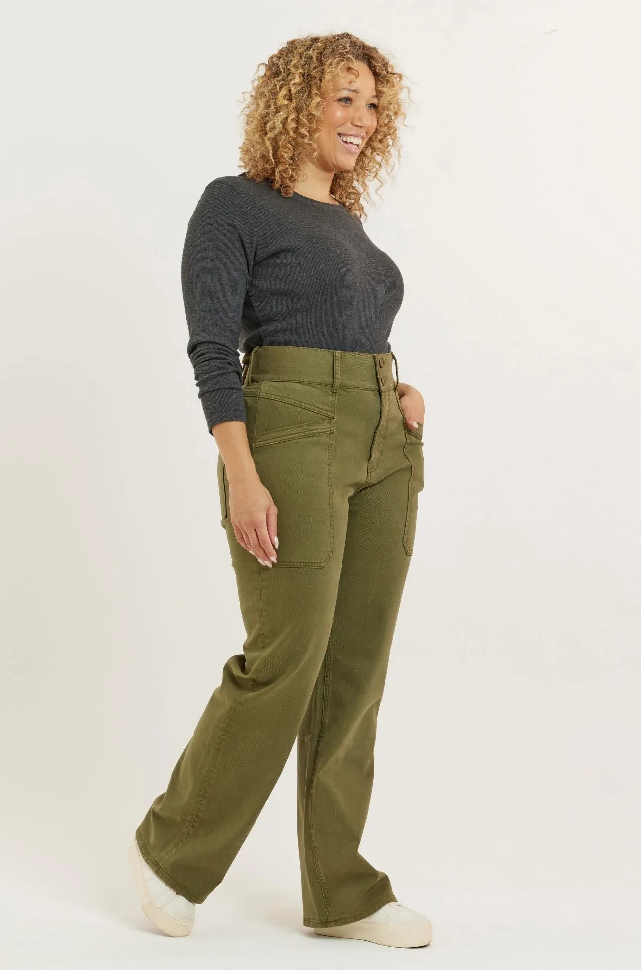 Olive Recycled Wood Twill Denim Dinah Super High Waist Women’s Trouser