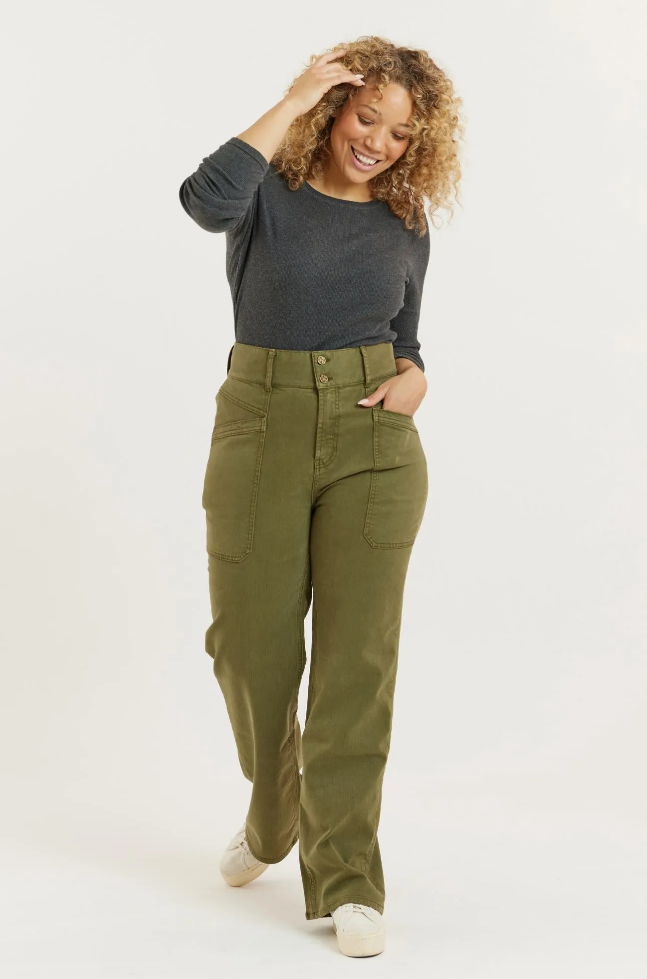 Olive Recycled Wood Twill Denim Dinah Super High Waist Women’s Trouser