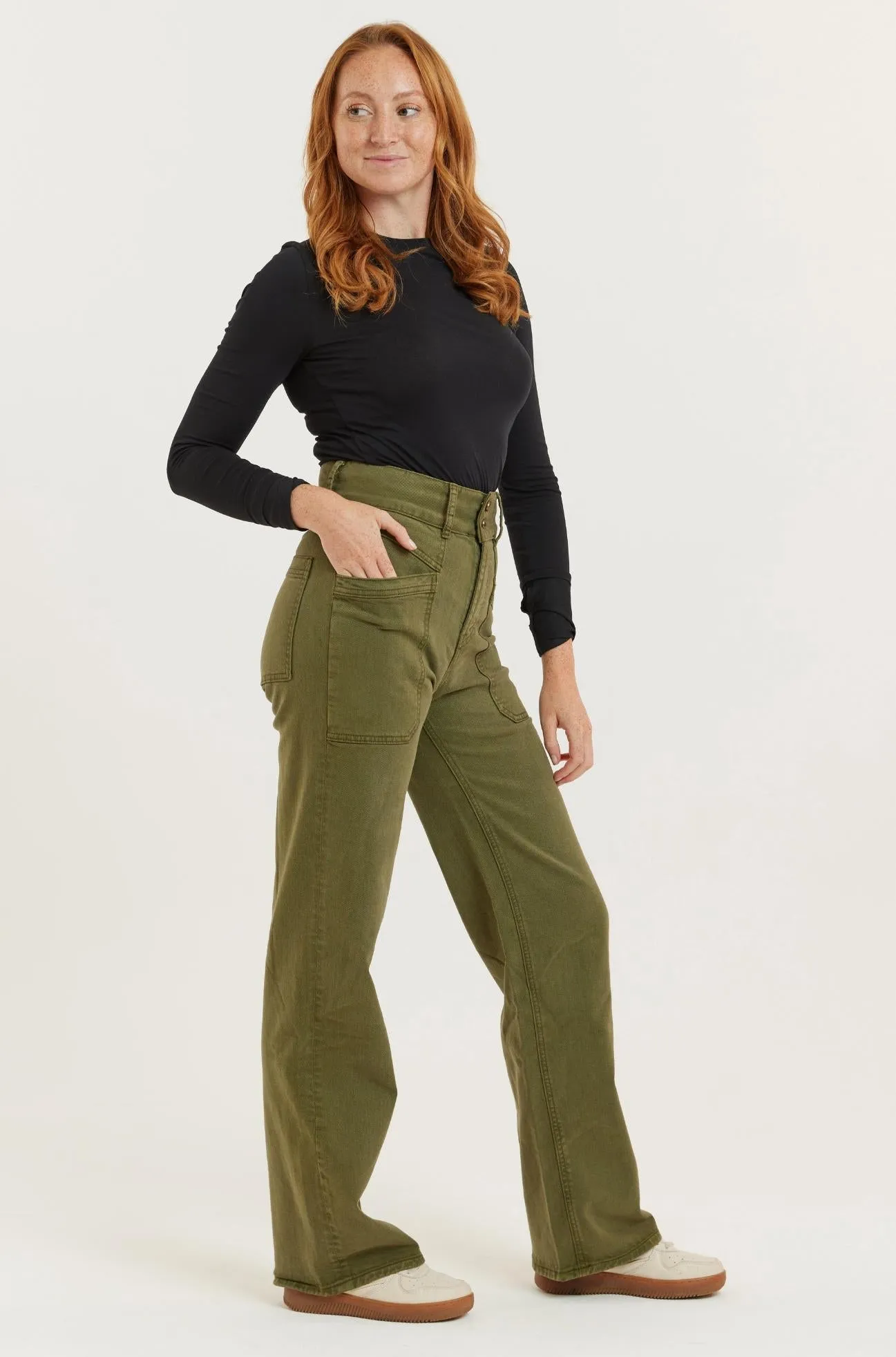 Olive Recycled Wood Twill Denim Dinah Super High Waist Women’s Trouser